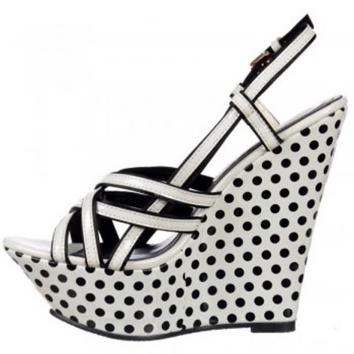 Dolcis strappy wedge platforms black and white polka dot