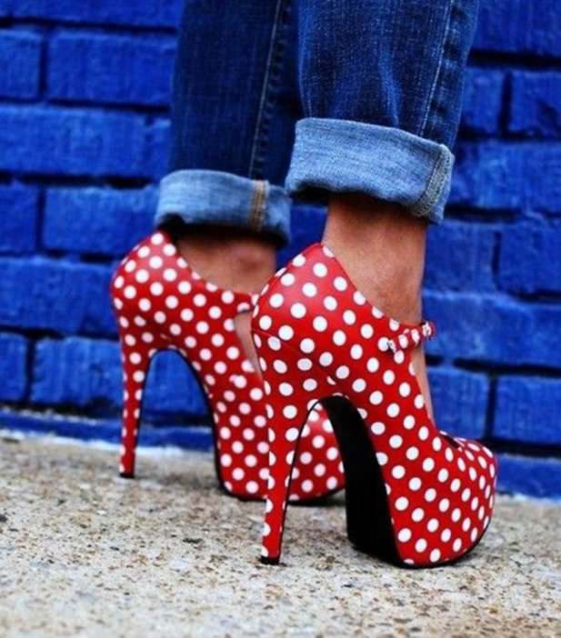 Red and white polka dot shoes with jeans