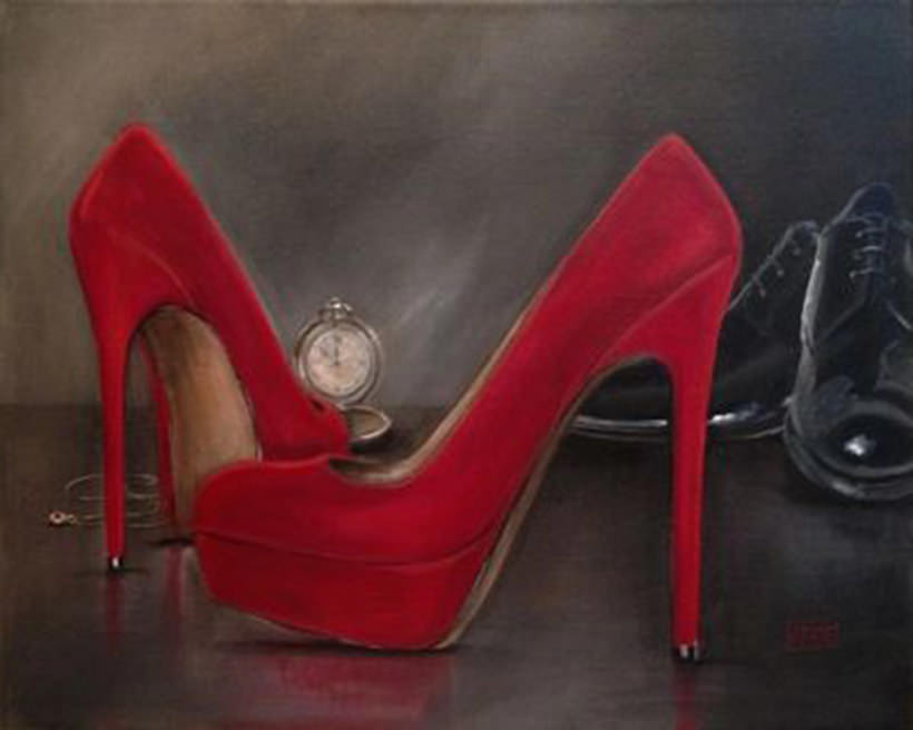 Somewhere In Time Red Shoe series by Jacqui Faye acrylic on linen, deep profile